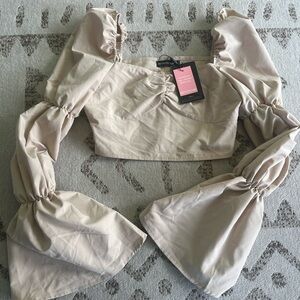 PrettyLittleThing Tan Cream Ruffled Crop Blouse